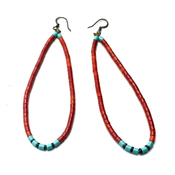 Navajo Handmade Coral & Turquoise Heishi Teardrop Earrings Monument Valley—NWT